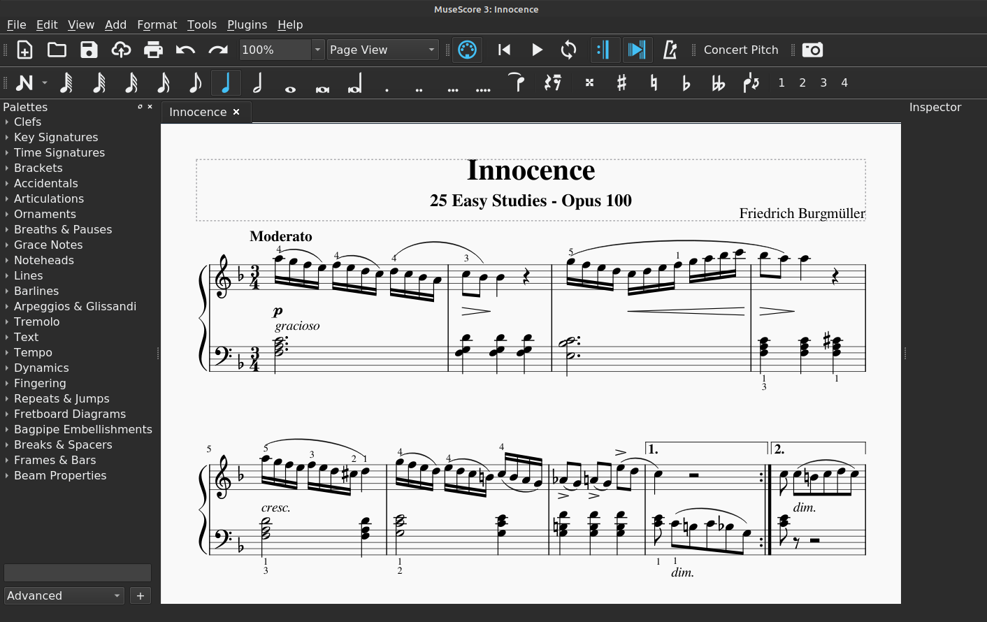 Burgmüller's Innocence in MuseScore