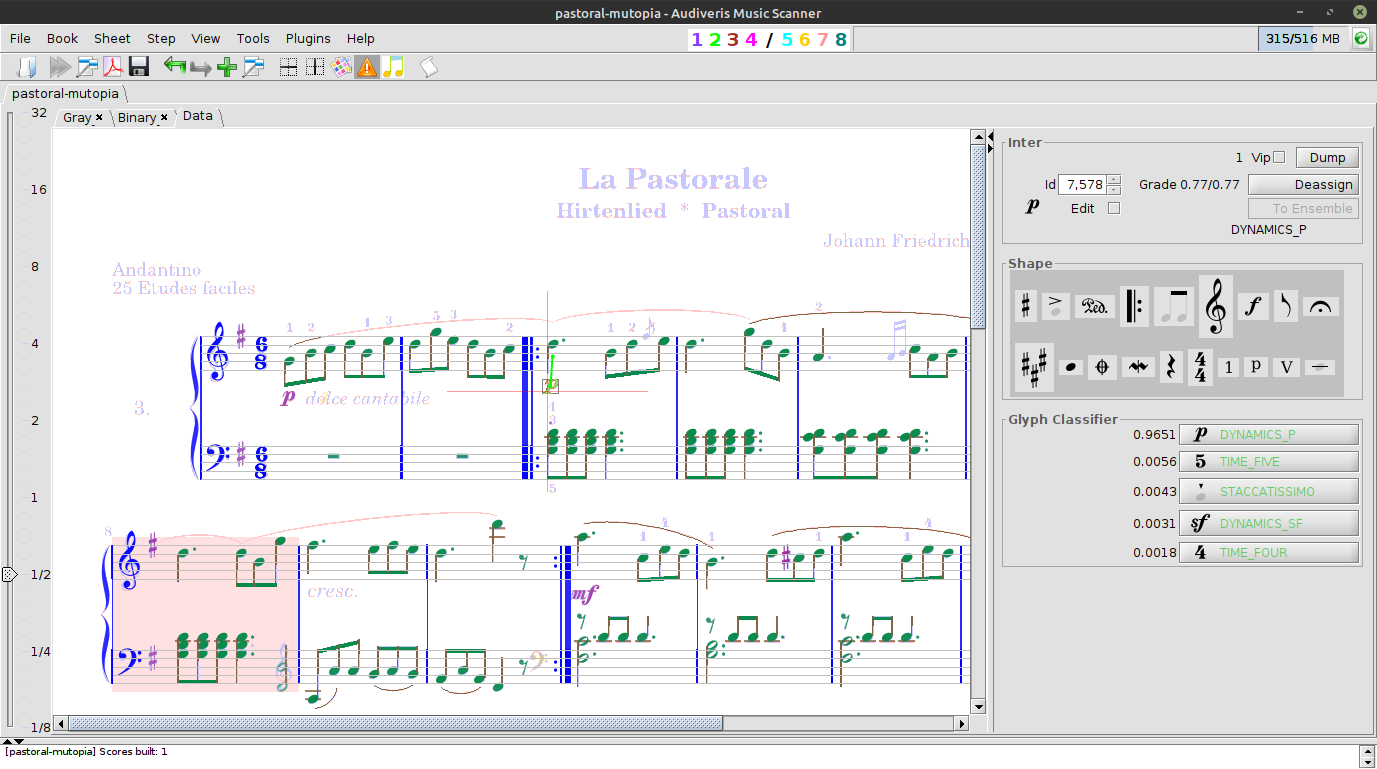 Audiveris screenshot with La Pastorale analyzed