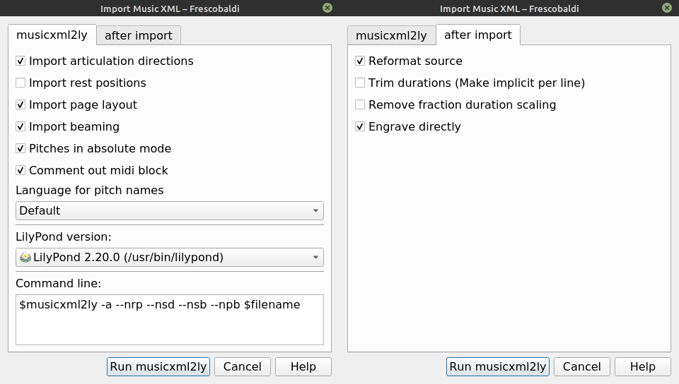 Frescobaldi import MusicXML dialog
