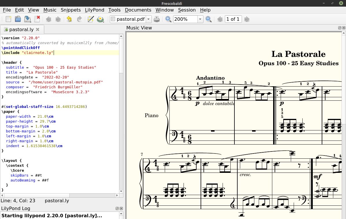 Frescobaldi screenshot with La Pastorale converted to Clairnote SN