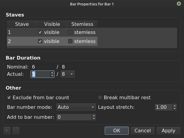MuseScore Bar Properties dialog