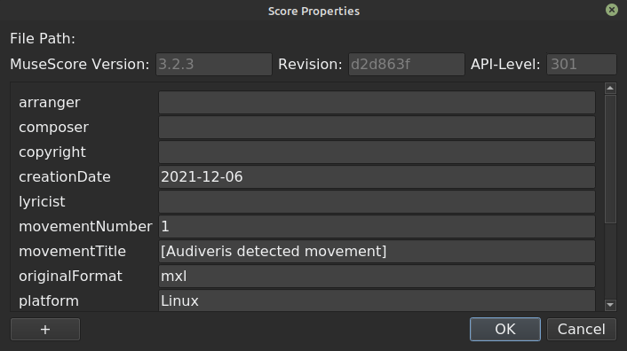 MuseScore score properties dialog