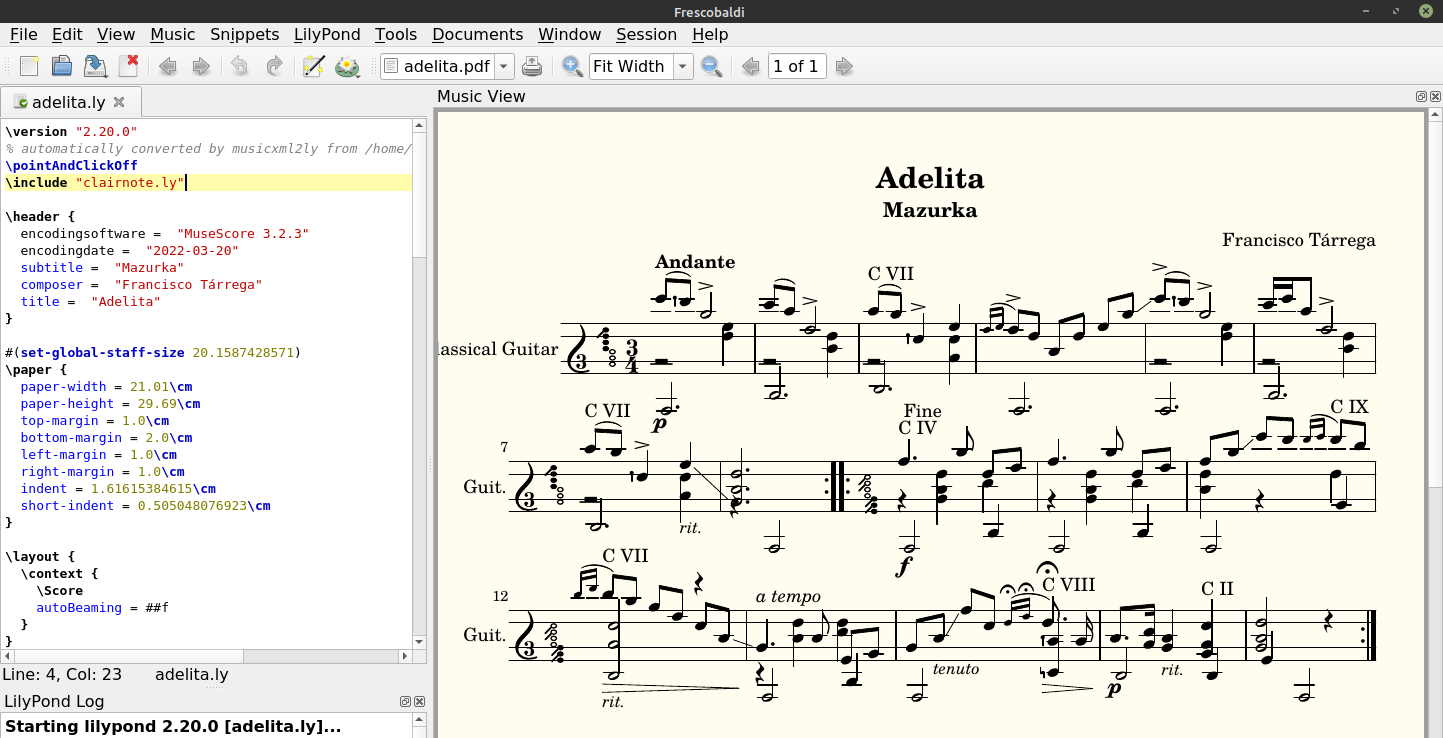Frescobaldi screenshot with Adelita converted to Clairnote SN