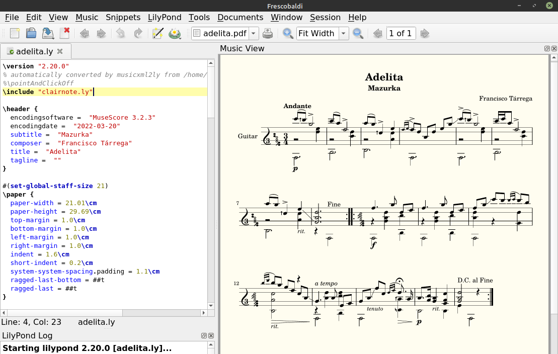 Frescobaldi screenshot with corrections to Adelita